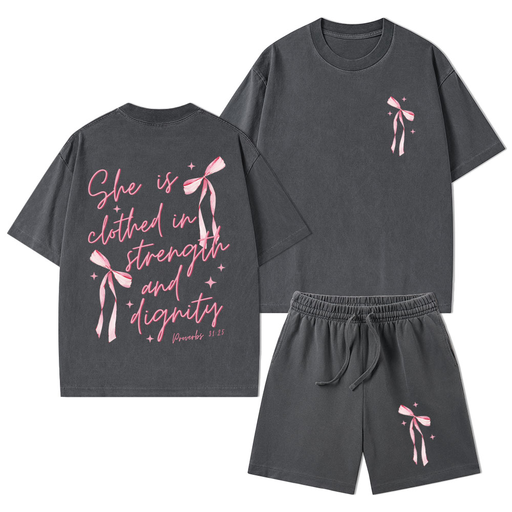 She Is Clothed In Strength And Dignity Christian Washed T-Shirt & Shorts