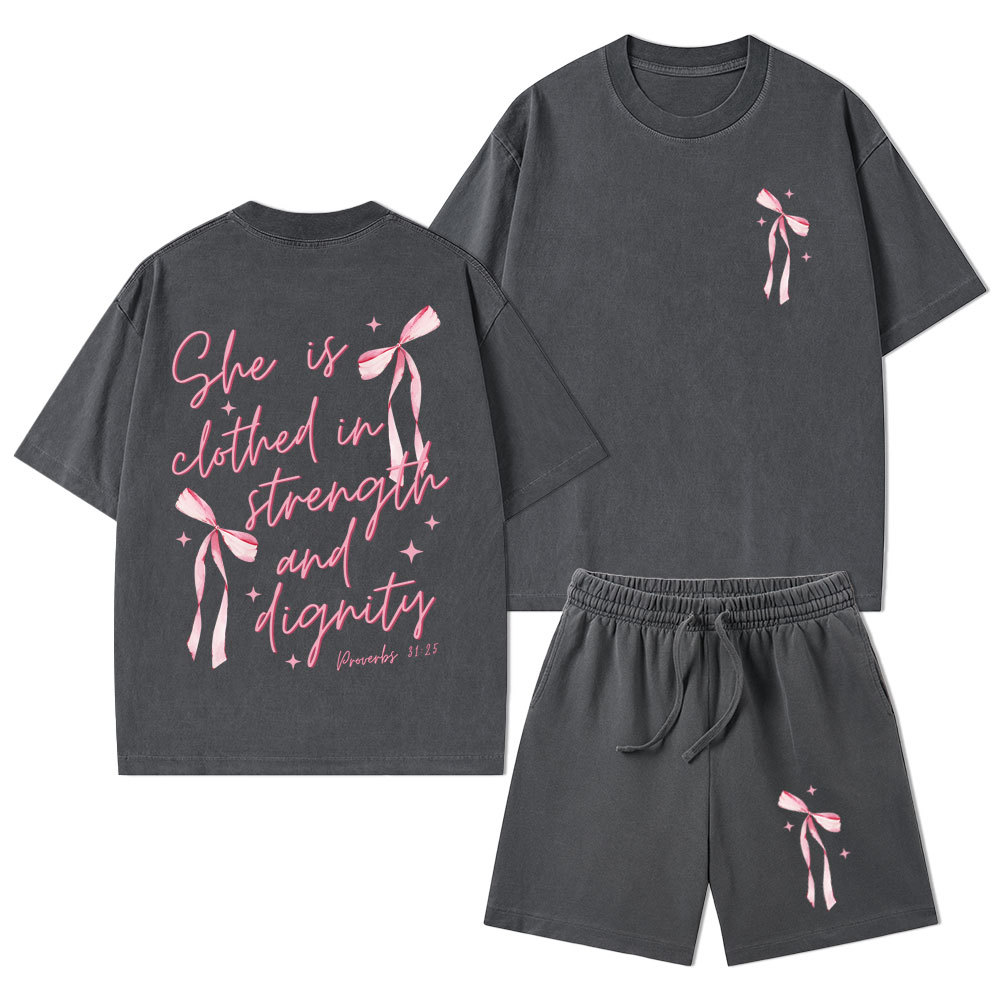 She Is Clothed In Strength And Dignity Christian Washed T-Shirt & Shorts