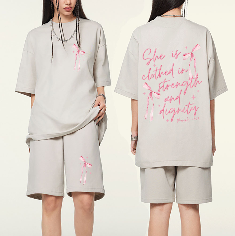 She Is Clothed In Strength And Dignity Christian Washed T-Shirt & Shorts