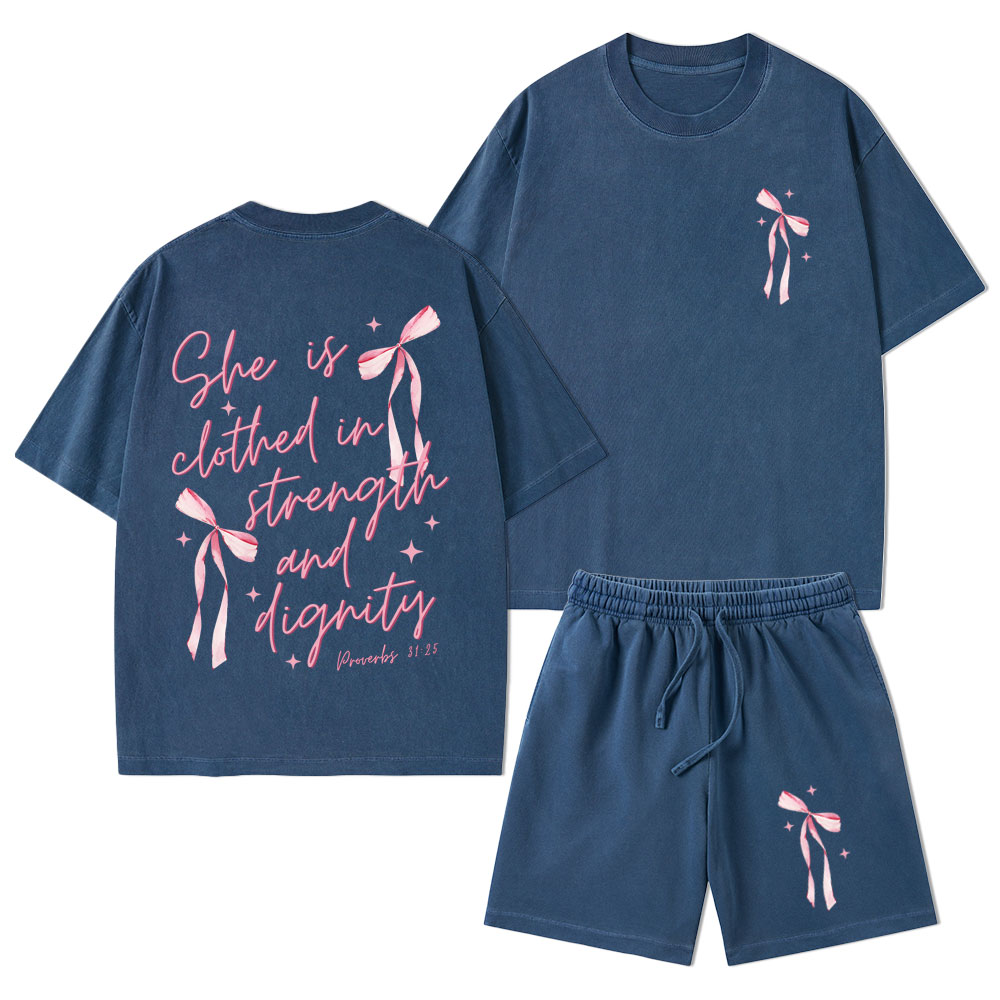 She Is Clothed In Strength And Dignity Christian Washed T-Shirt & Shorts