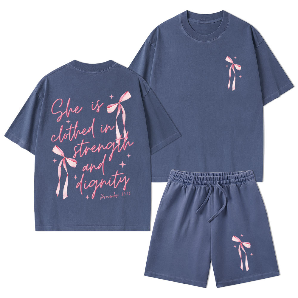 She Is Clothed In Strength And Dignity Christian Washed T-Shirt & Shorts