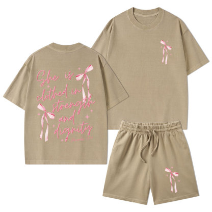 She Is Clothed In Strength And Dignity Christian Washed T-Shirt & Shorts