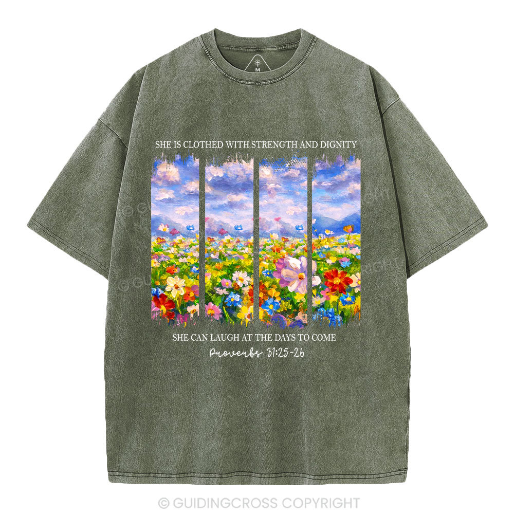She Is Clothed With Strength And Dignity Christian Washed T-Shirt