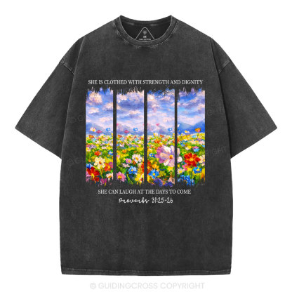 She Is Clothed With Strength And Dignity Christian Washed T-Shirt