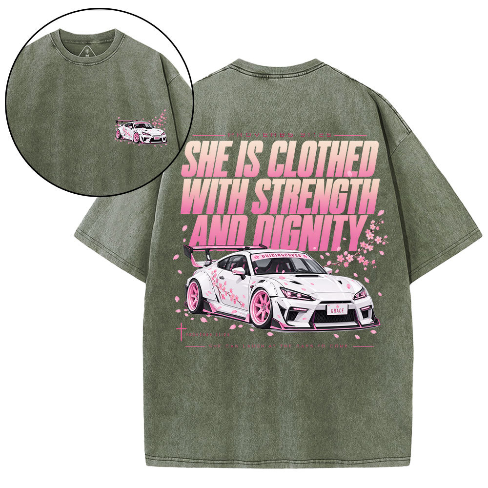 She Is Clothed With Strength Christian Washed T-Shirt