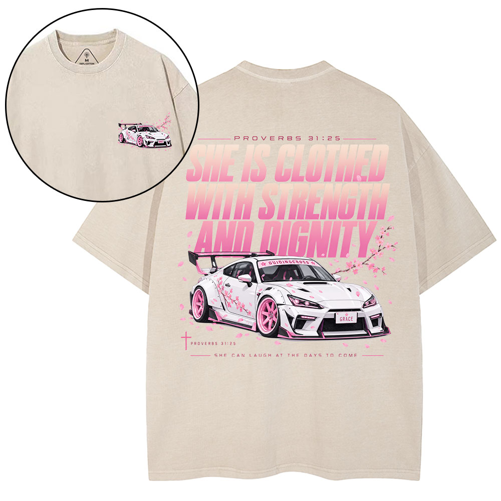 She Is Clothed With Strength Christian Washed T-Shirt
