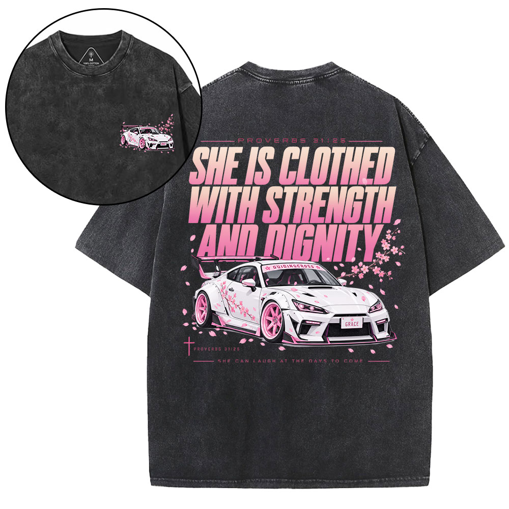 She Is Clothed With Strength Christian Washed T-Shirt