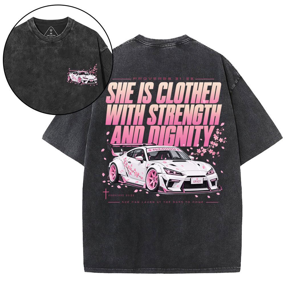 She Is Clothed With Strength Christian Washed T-Shirt