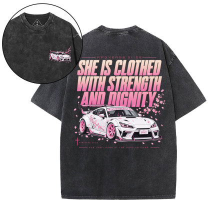 She Is Clothed With Strength Christian Washed T-Shirt