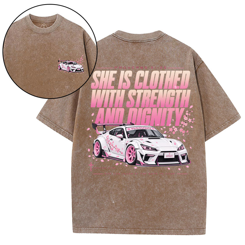 She Is Clothed With Strength Christian Washed T-Shirt
