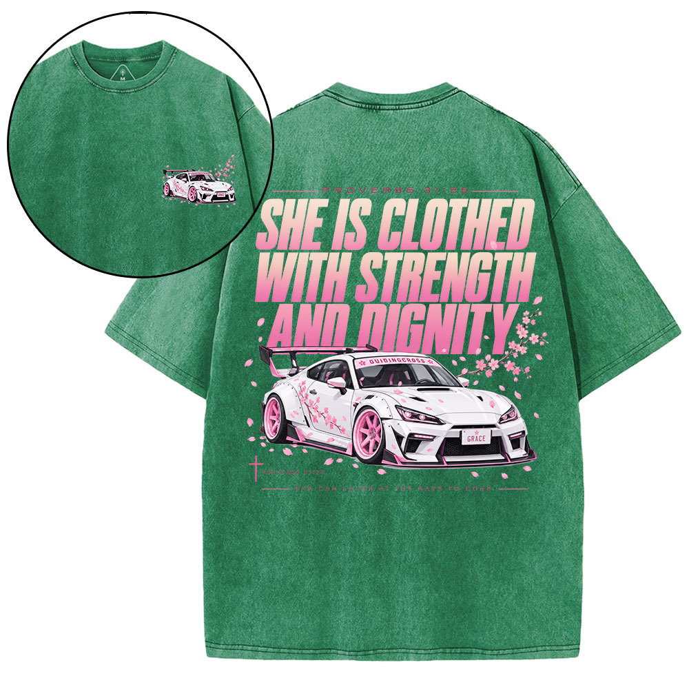 She Is Clothed With Strength Christian Washed T-Shirt