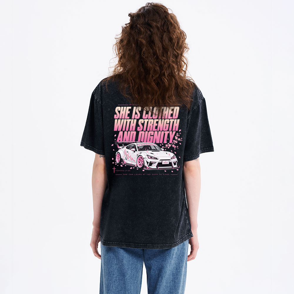 She Is Clothed With Strength Christian Washed T-Shirt