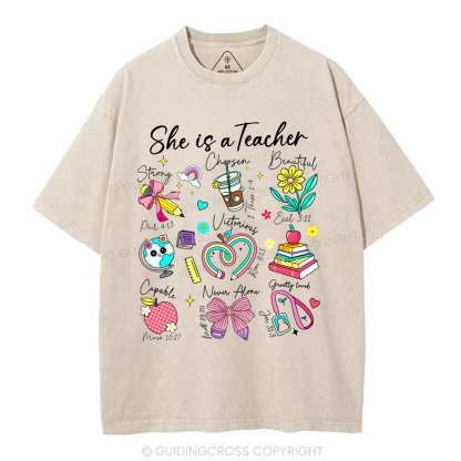 She Is Teacher Christian Washed T-Shirt