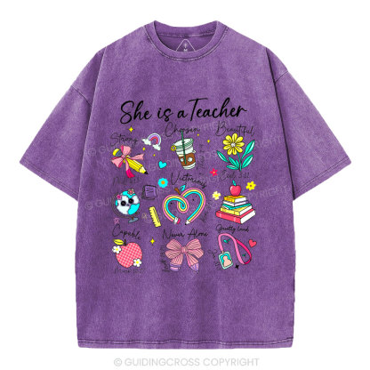 She Is Teacher Christian Washed T-Shirt