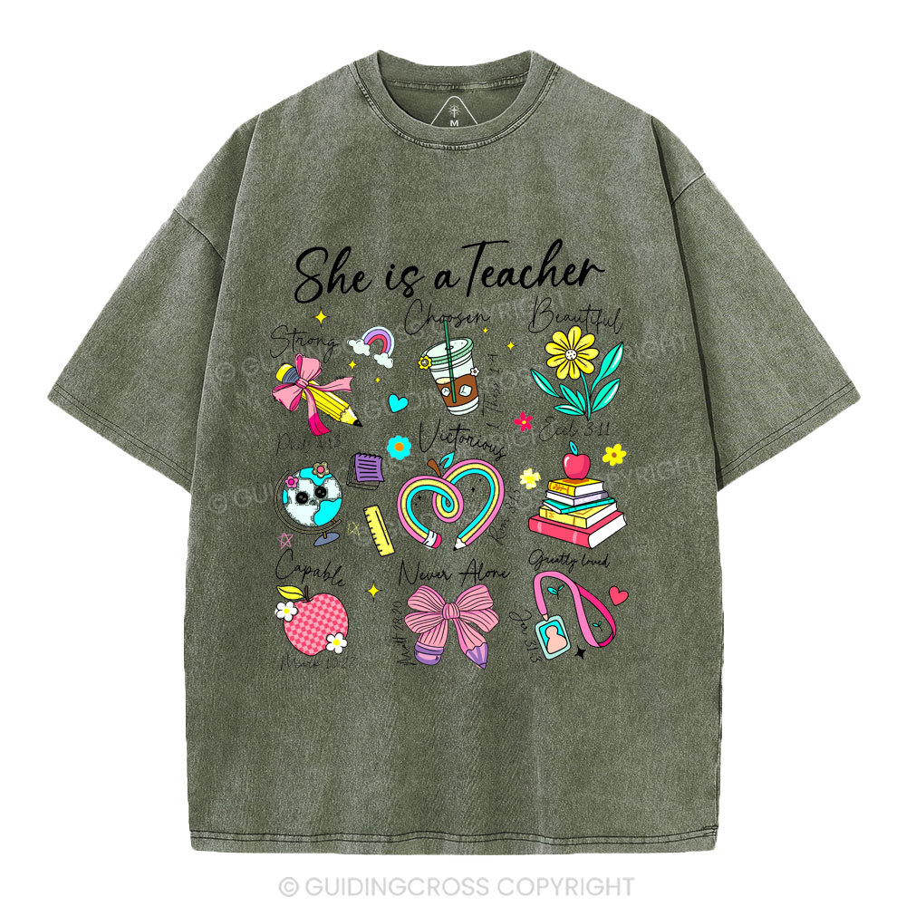 She Is Teacher Christian Washed T-Shirt