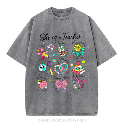 She Is Teacher Christian Washed T-Shirt