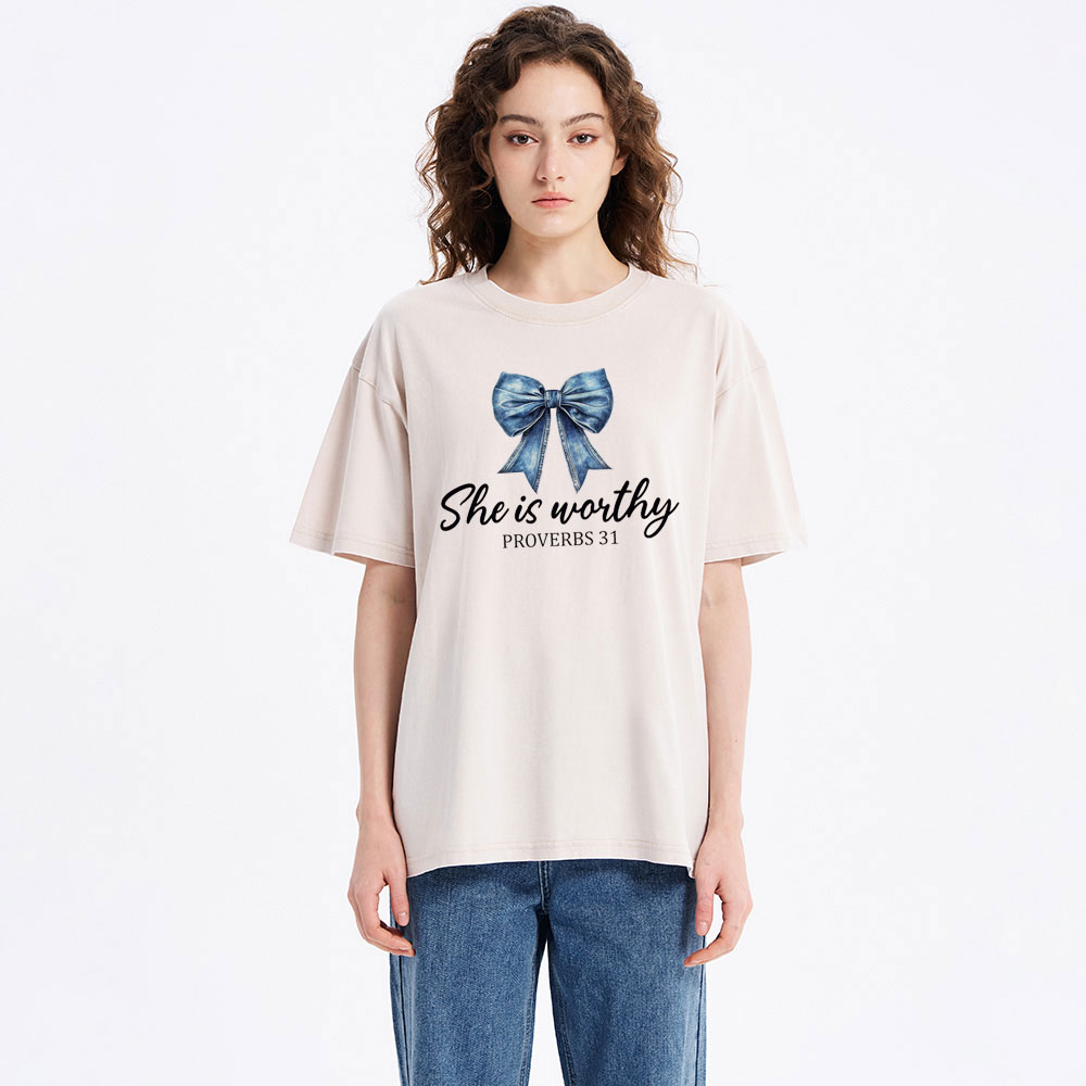 She Is Worthy Christian Washed T-Shirt