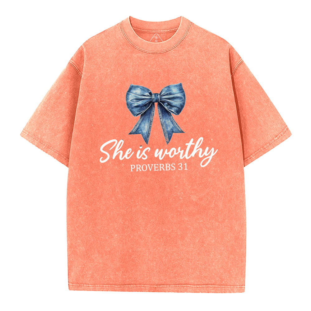 She Is Worthy Christian Washed T-Shirt