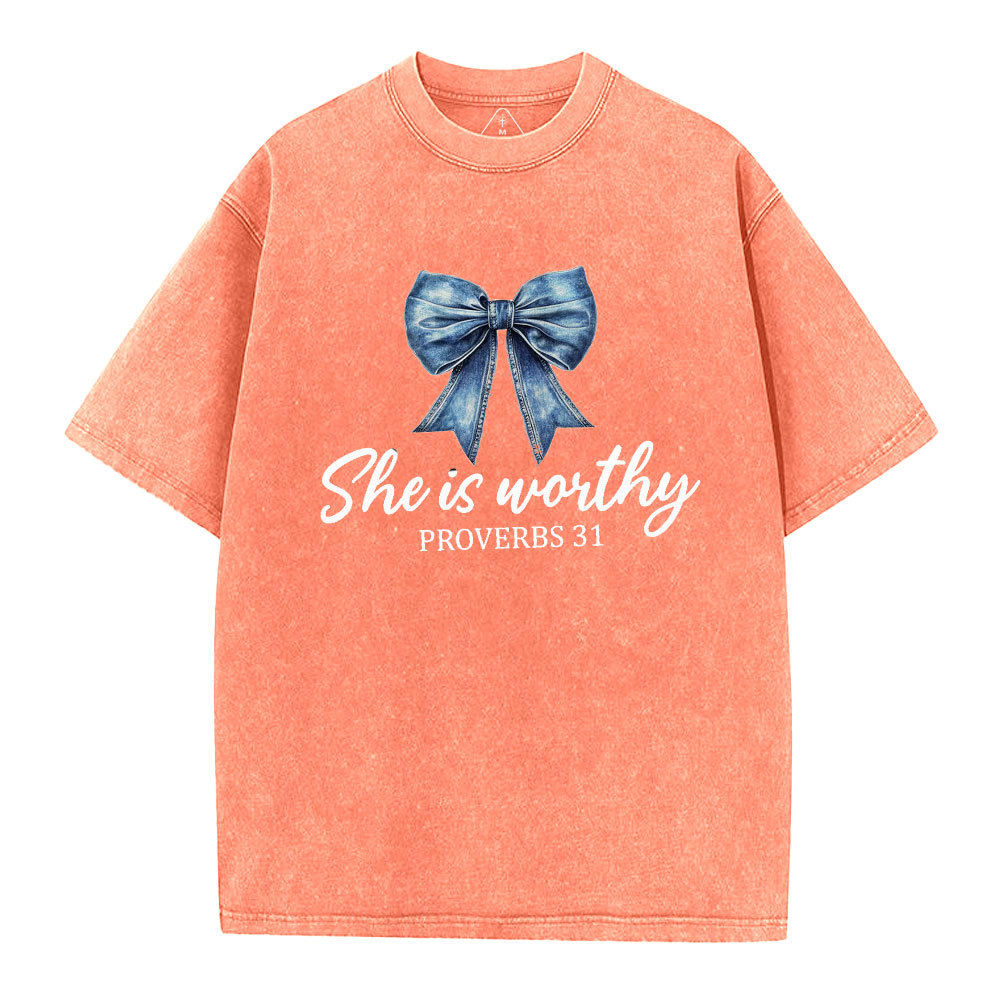 She Is Worthy Christian Washed T-Shirt
