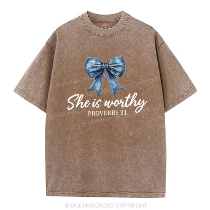 She Is Worthy Christian Washed T-Shirt