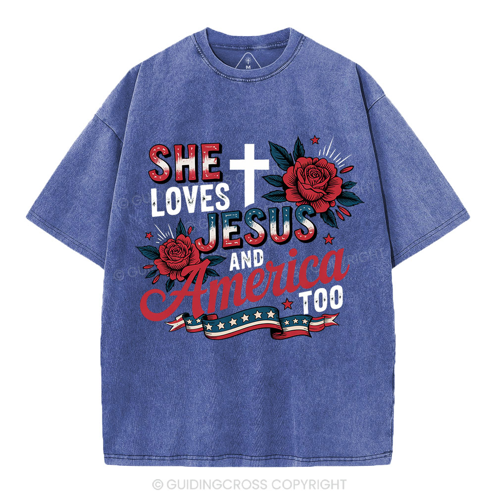 She Loves Jesus And America Christian Washed T-Shirt