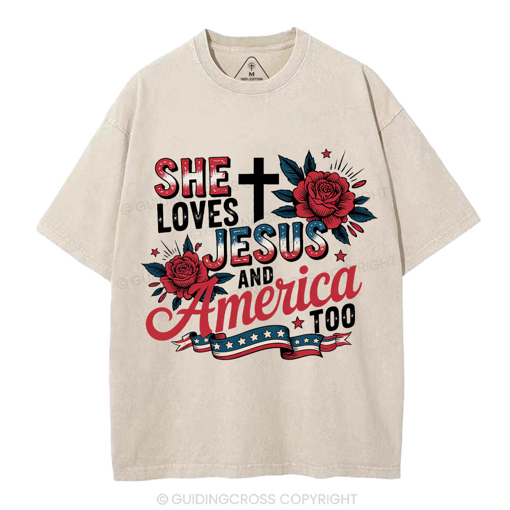 She Loves Jesus And America Christian Washed T-Shirt