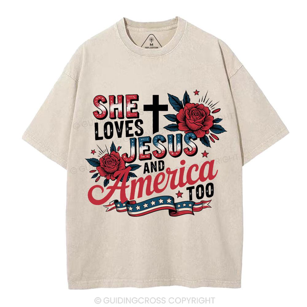 She Loves Jesus And America Christian Washed T-Shirt