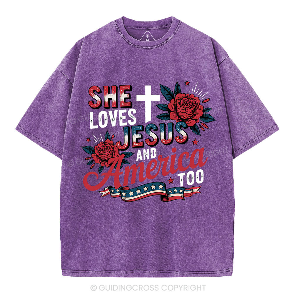 She Loves Jesus And America Christian Washed T-Shirt