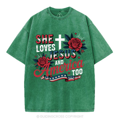 She Loves Jesus And America Christian Washed T-Shirt
