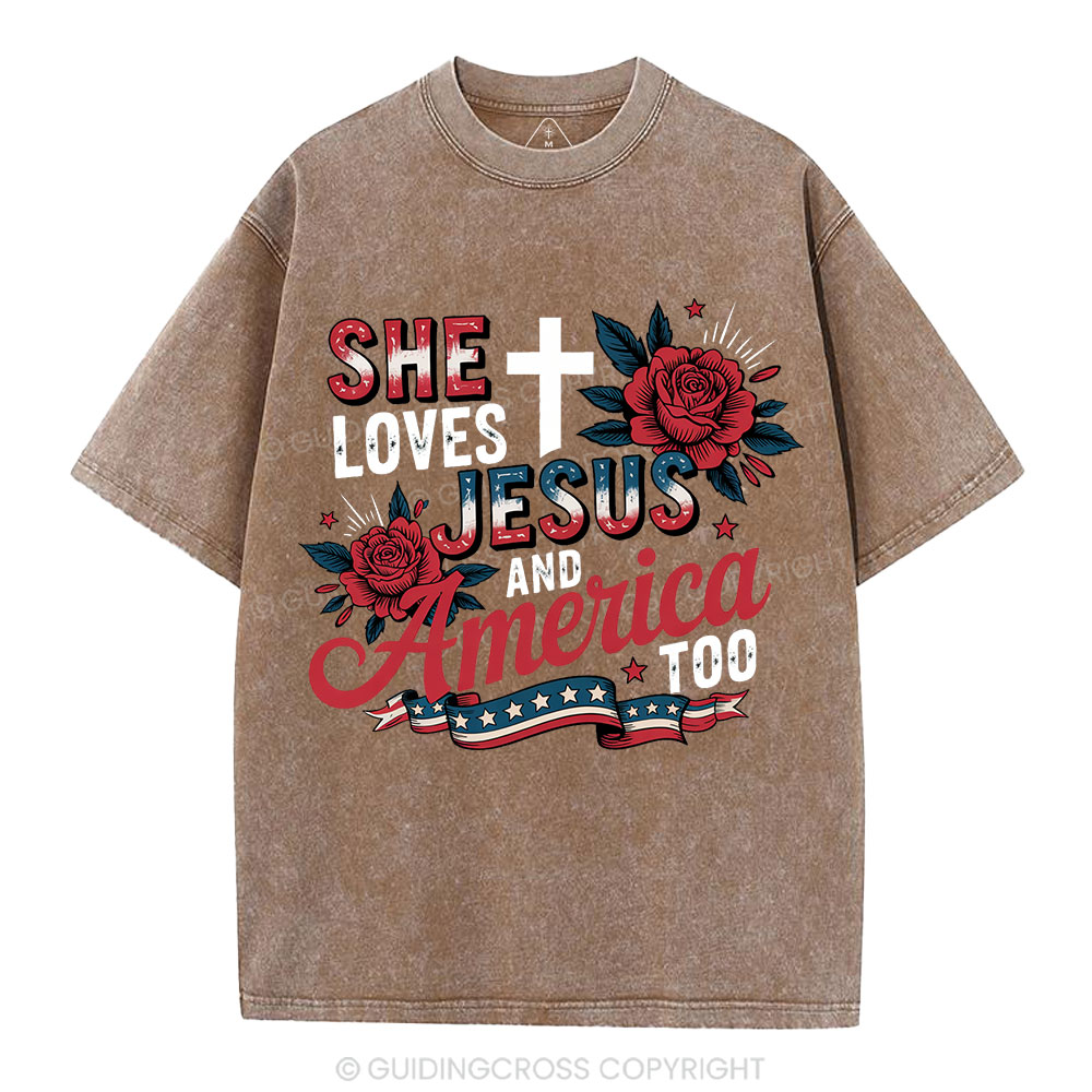 She Loves Jesus And America Christian Washed T-Shirt