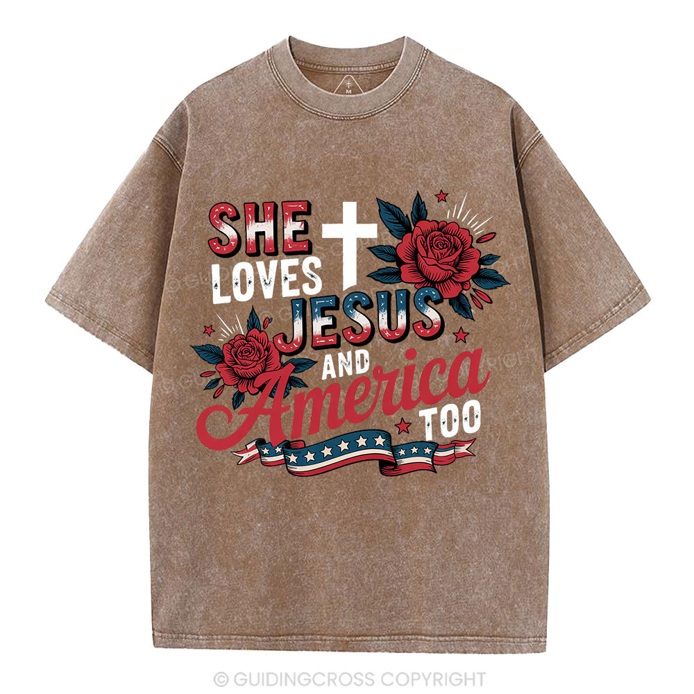 She Loves Jesus And America Christian Washed T-Shirt