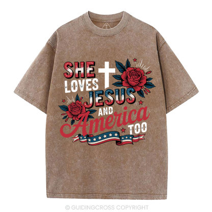 She Loves Jesus And America Christian Washed T-Shirt