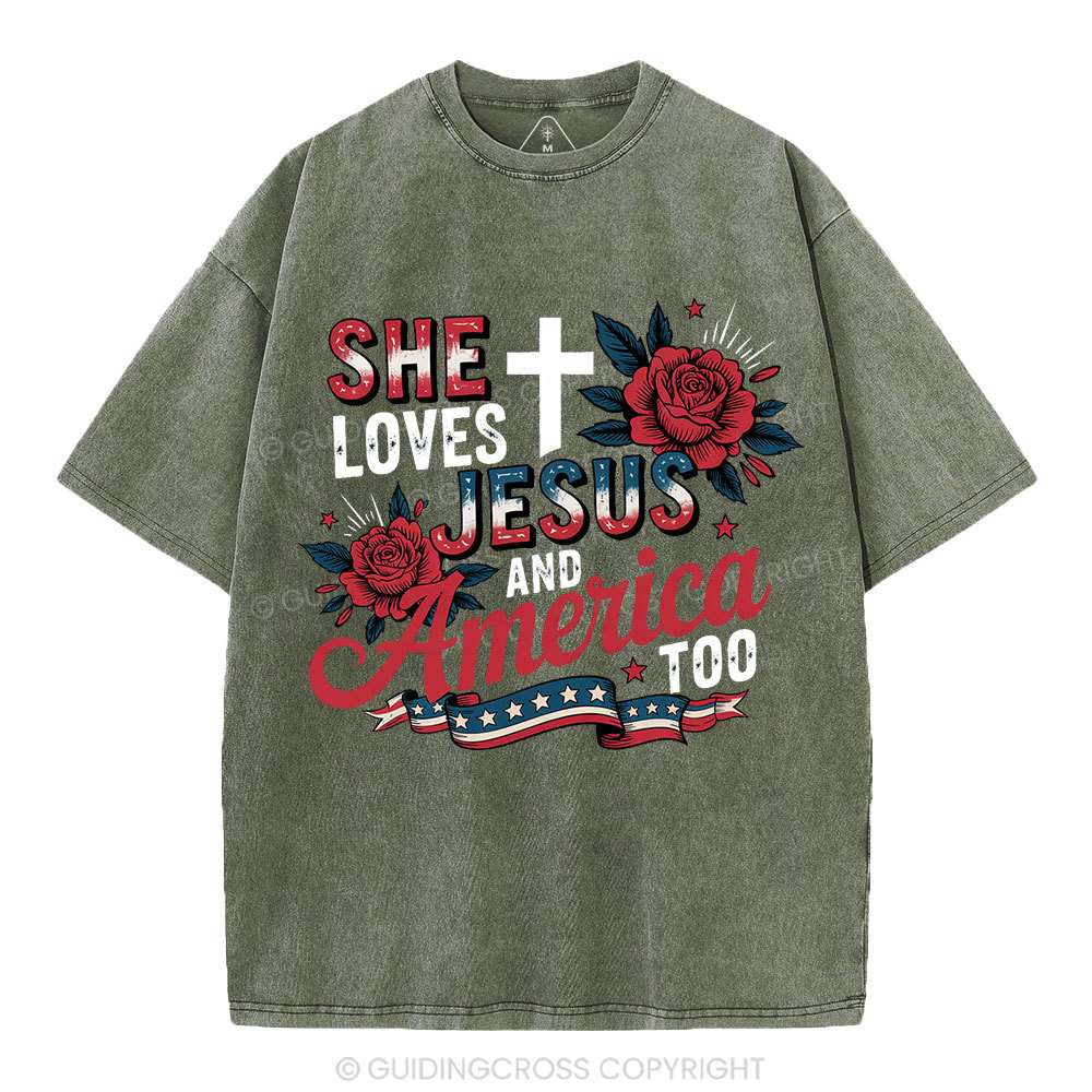 She Loves Jesus And America Christian Washed T-Shirt