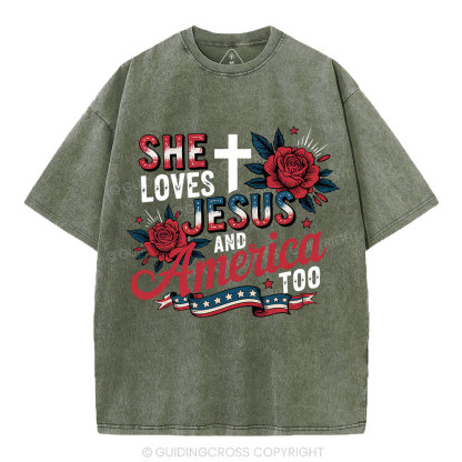 She Loves Jesus And America Christian Washed T-Shirt