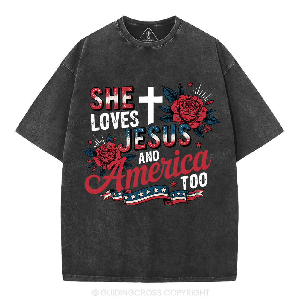 She Loves Jesus And America Christian Washed T-Shirt