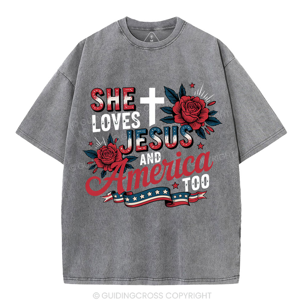 She Loves Jesus And America Christian Washed T-Shirt