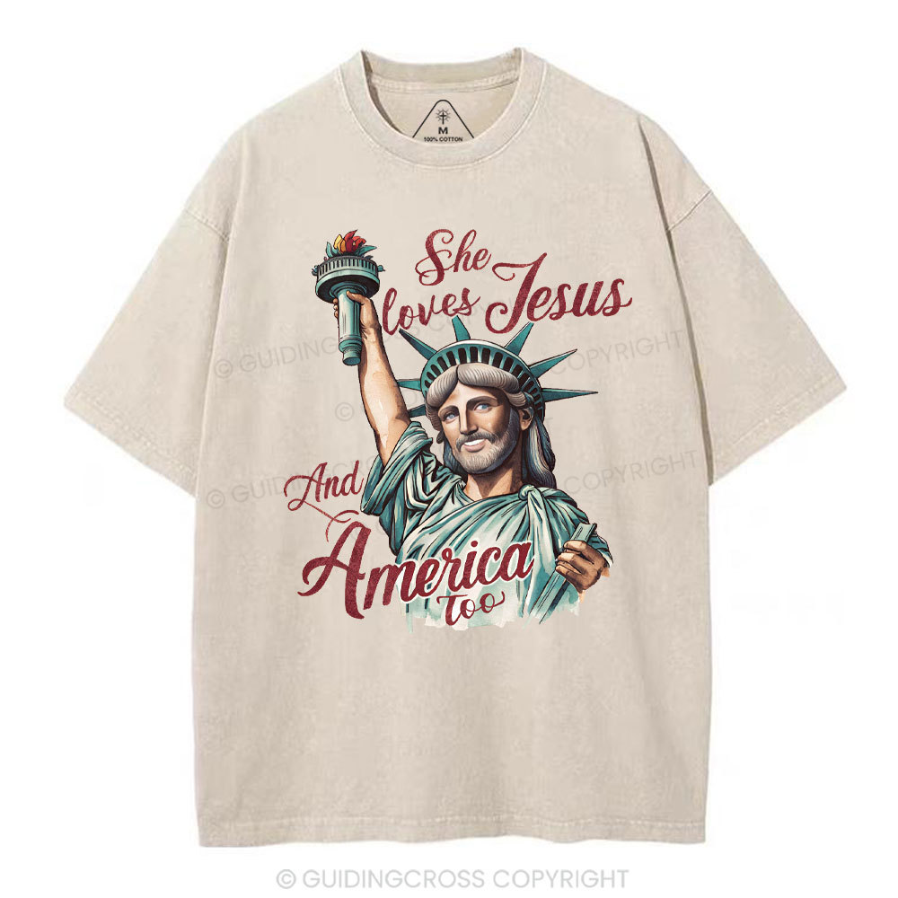 She Loves Jesus And America Christian Washed T-Shirt