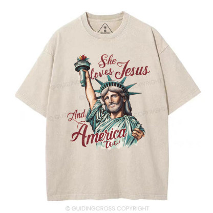 She Loves Jesus And America Christian Washed T-Shirt