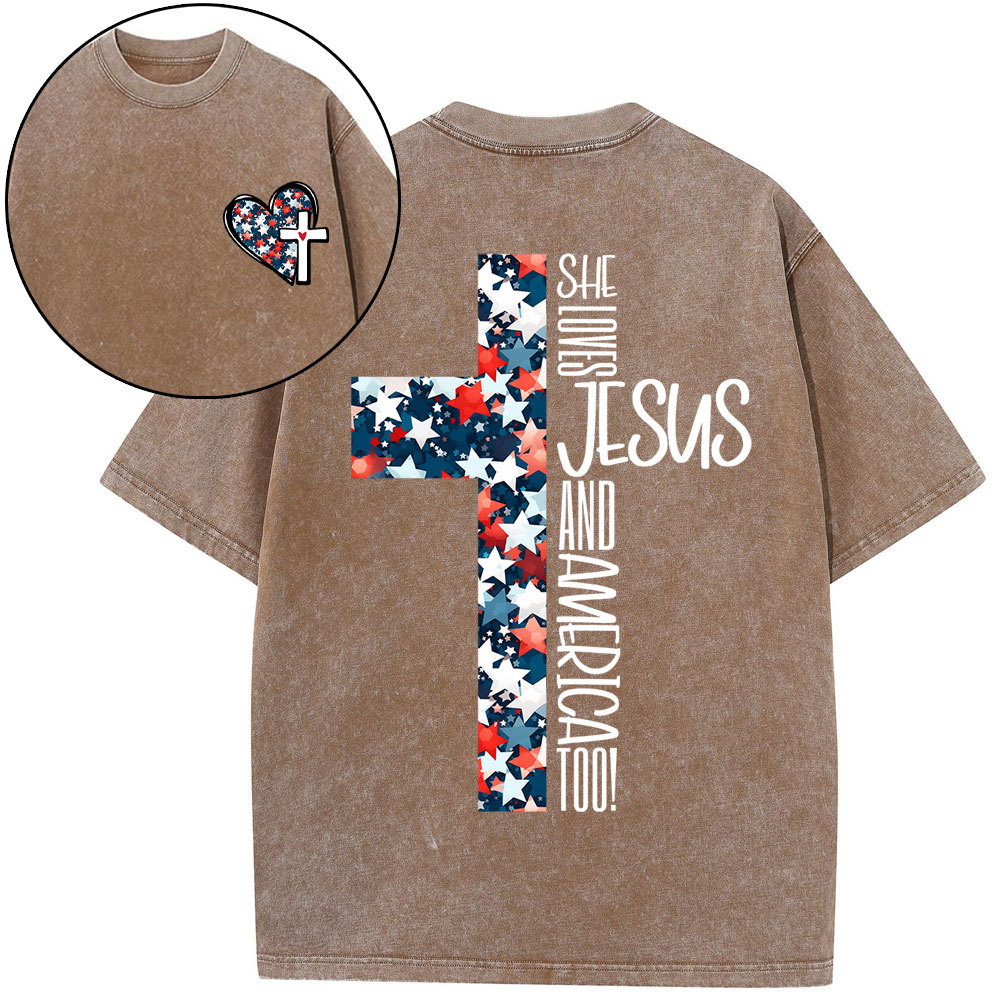 She Loves Jesus And America Christian Washed T-Shirt