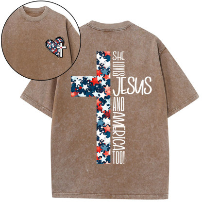 She Loves Jesus And America Christian Washed T-Shirt