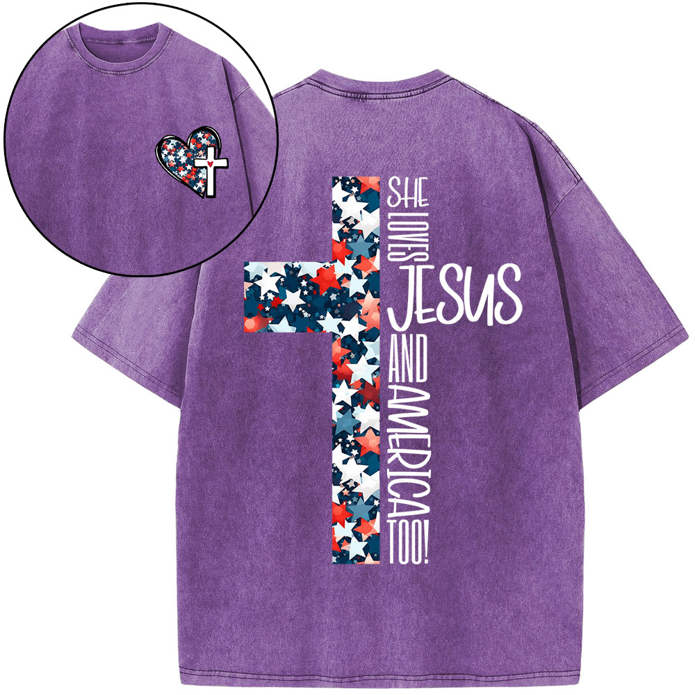 She Loves Jesus And America Christian Washed T-Shirt