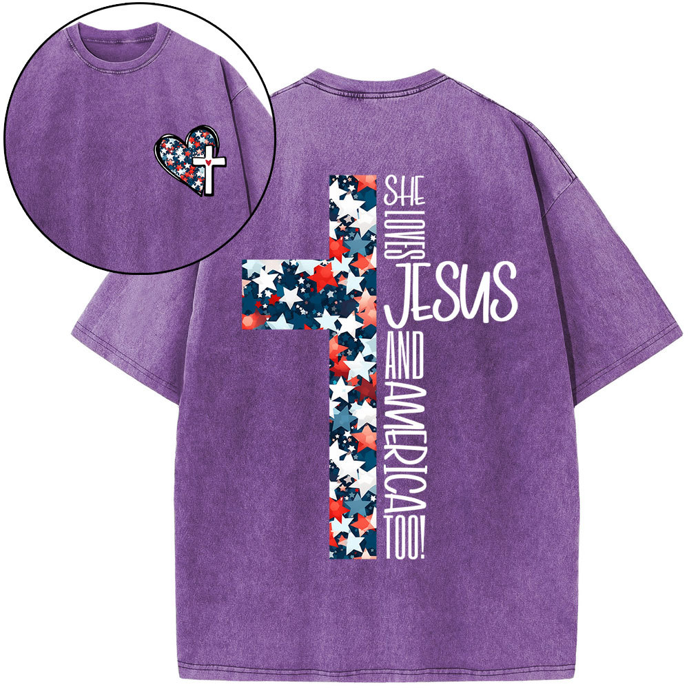 She Loves Jesus And America Christian Washed T-Shirt