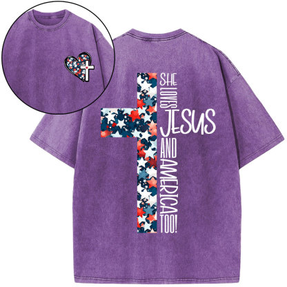 She Loves Jesus And America Christian Washed T-Shirt
