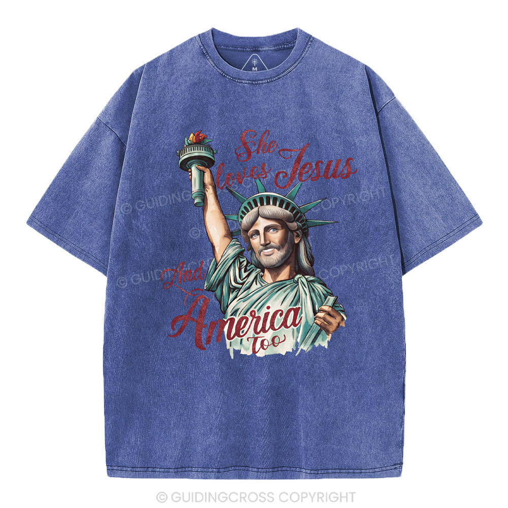 She Loves Jesus And America Christian Washed T-Shirt