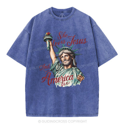 She Loves Jesus And America Christian Washed T-Shirt