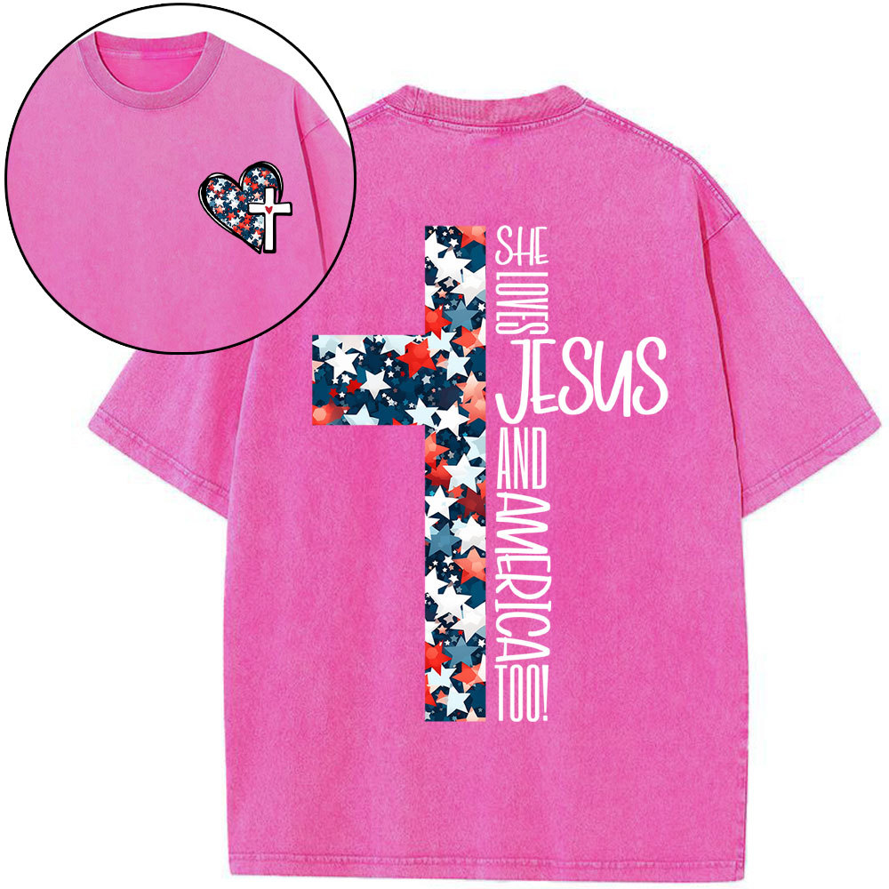 She Loves Jesus And America Christian Washed T-Shirt