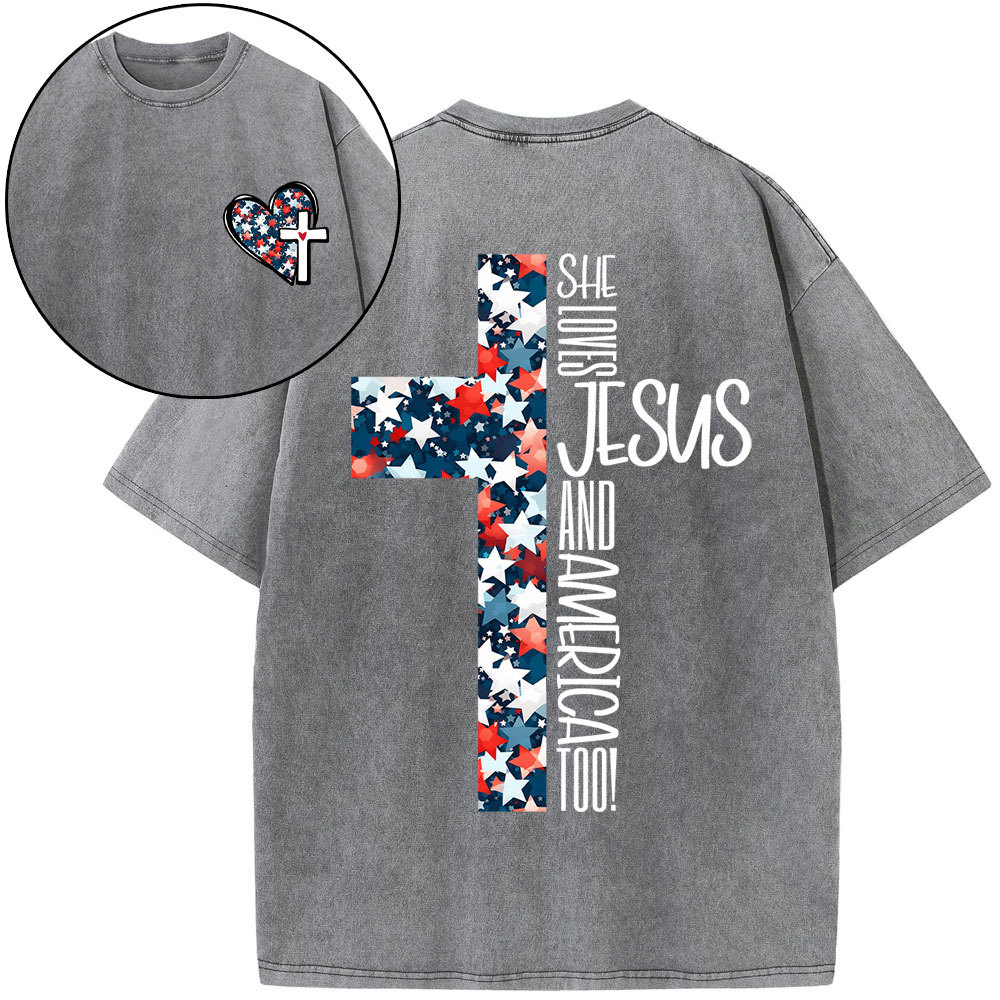 She Loves Jesus And America Christian Washed T-Shirt