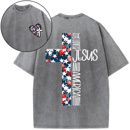 She Loves Jesus And America Christian Washed T-Shirt