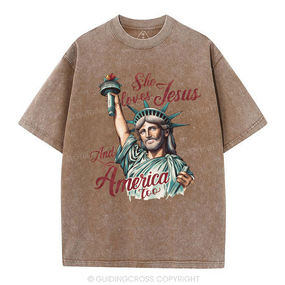 She Loves Jesus And America Christian Washed T-Shirt
