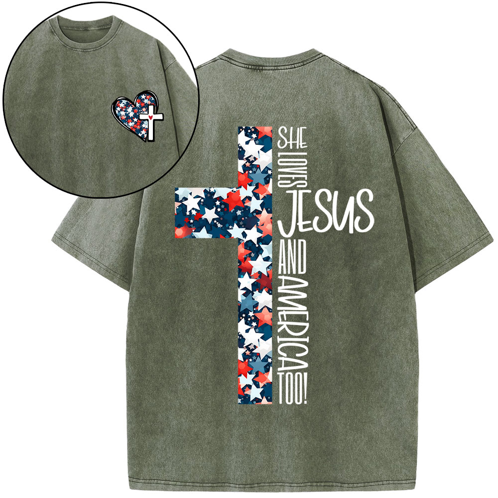 She Loves Jesus And America Christian Washed T-Shirt